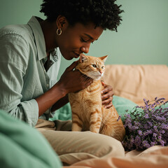 Young Black Woman Gently Cuddling Her Ginger Cat at Home