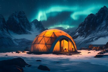 Geodesic dome glowing warmly beneath vibrant aurora in snowy arctic night scene