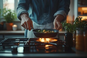 Man cooking fresh vegetables in a hot frying pan over gas stove in cozy home kitchen