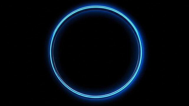 A glowing blue circle with thin line shines brightly against a stark black backdrop