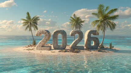Bright tropical island with palm trees and large stone numbers forming 2026 surrounded by turquoise ocean water under clear sunny sky, symbolizing future travel and celebration
