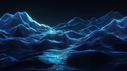 Futuristic glowing blue digital mountain landscape with illuminated valleys and peaks against a dark background, representing data flow, technology, and surreal terrain