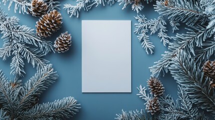 Blank vertical card framed by snowy pine branches and pinecones on a frosty blue background ideal for Christmas greetings, winter stationery, or festive branding.