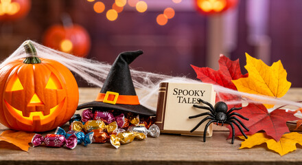Halloween still life with jack-o-lantern, treats, and witch's hat.