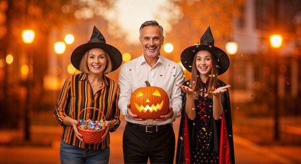 A happy family in Halloween costumes standing on a decorated street with confetti and pumpkins.
