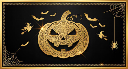 Luxury gold filigree jack-o'-lantern with witches and bats on a black background, framed with ornate border.