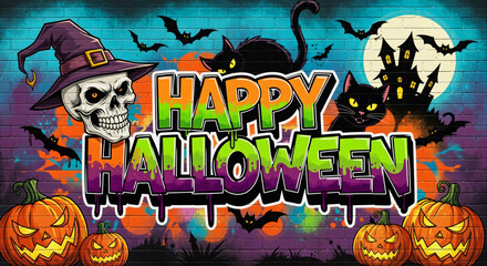 "Happy Halloween" graffiti on a brick wall featuring a skull, black cats, and evil pumpkins.