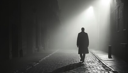 Silhouette man walks on fog covered street. Cobblestone road reflects light. Dark urban environment creates mysterious mood. Night scene evokes solitude. Dramatic photo of person journeying through