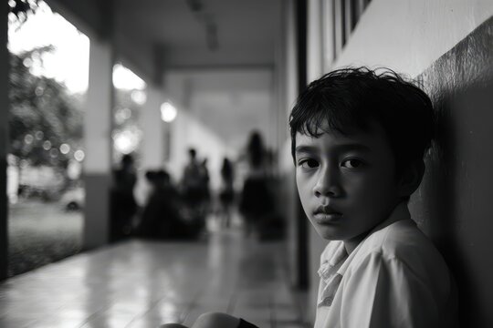Serious young boy sitting alone in a school hallway, looking directly at the camera, with blurred groups of students in the background, evoking solitude and emotion