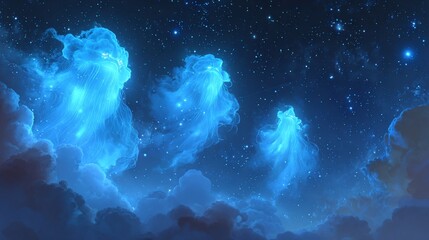 Obraz premium Three ethereal glowing blue wisps drift across a starry night sky above cloudy forms