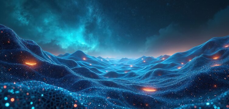 Abstract 3D blue terrain with glowing orange lights under starry sky. Digital landscape with textured hills and nebula clouds creates futuristic world.