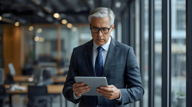 Busy mature older business man executive standing in office using digital tablet. Middle aged professional businessman corporate manager wearing suit and glasses holding tab working on finance project