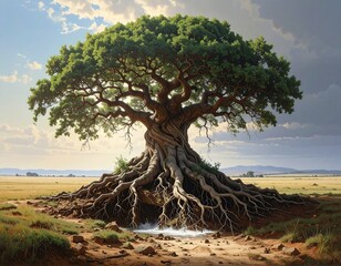 A majestic, ancient tree with extensive roots spans across a vast, sun-drenched savanna landscape, showcasing the raw power and beauty of nature.