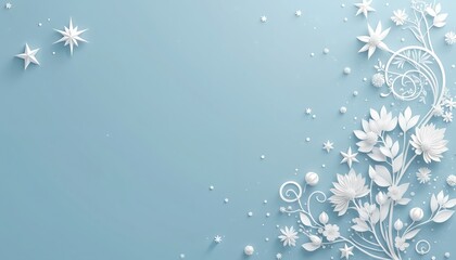 Elegant illustration features white floral design with stars against light blue backdrop. Delicate artwork showcases soft texture elements. This abstract design is ideal for various creative projects.