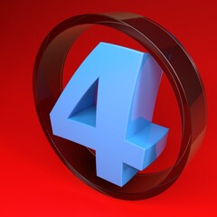 Number four in a glass circle, on red background - 3D rendering illustration