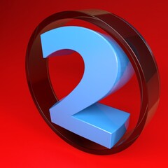 Number two in a glass circle, on red background - 3D rendering illustration