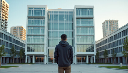 Confident Man Standing Outside Modern Urban Building