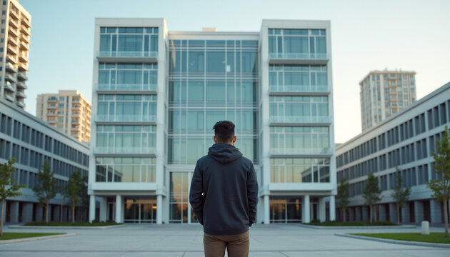 Confident Man Standing Outside Modern Urban Building
