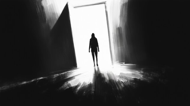 A sketch shows a figure entering a doorway in a dark room. Another figure is concealed behind the door, creating a tense atmosphere. The artwork emphasizes shadow and light.