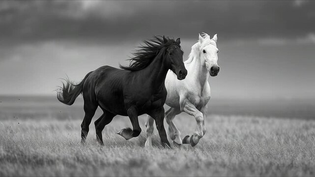 A striking black-and-white video featuring black and white horses running gracefully and powerfully across the endless steppe. The symbolism is multifaceted, including chess