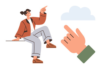 Young woman sitting confidently, pointing upward while oversized hand reaches for a cloud. Ideal for creativity, imagination, goal-setting, teamwork, collaboration, aspirations potential. Simple