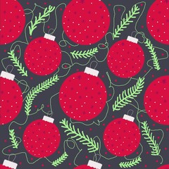 New Year seamless pattern with a red Christmas tree toy for packaging, wrapping paper.