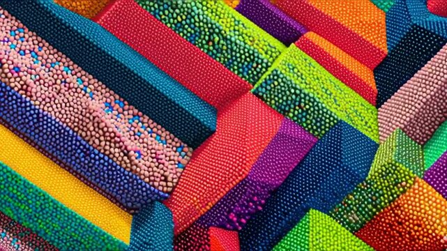 High-resolution macro video of a colorful mosaic composed of numerous tiny geometric details. Vibrant fragments of red, blue, green, yellow, and purple form an abstract pattern