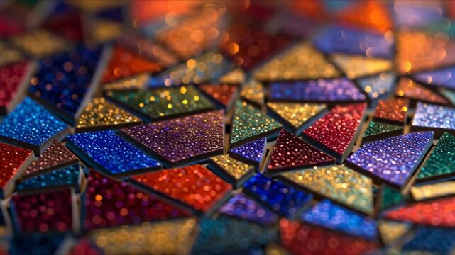 High-resolution macro video of a colorful mosaic composed of numerous tiny geometric details. Vibrant fragments of red, blue, green, yellow, and purple form an abstract pattern