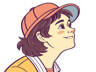 Cheerful boy with rosy cheeks wearing orange cap and smiling brightly, showcasing joy and innocence. The boy's happy expression captures youthful spirit