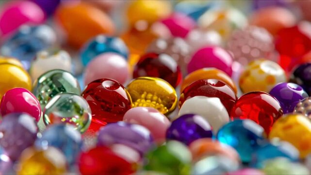 A high-resolution macro video, captured close-up, of animated multicolored beads, moving chaotically and scattered in a vibrant pattern. Each bead is glossy, smooth, and detailed