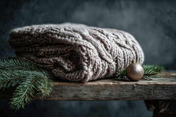 Knitted blanket rests on a wooden table, surrounded by evergreen branches and a festive ornament, creating a warm holiday atmosphere