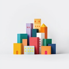 Obraz premium Colorful Wooden Cityscape - Abstract Architectural Composition with Geometric Shapes and Soft Lighting.