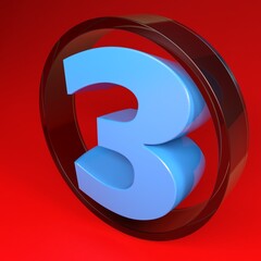 Number three in a glass circle, on red background - 3D rendering illustration