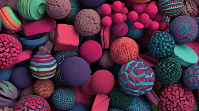 A colorful, detailed set of vibrant, stylish 3D objects that create original, striking, multicolored motion when animated. Video background, video image, video stereometry, and graphic video assets