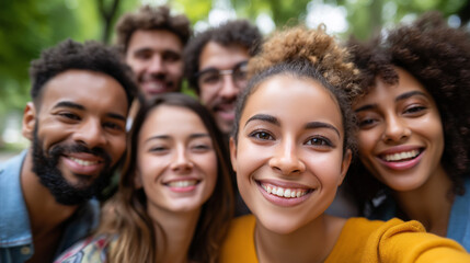 Fototapeta premium A diverse group of Generation Z friends, including plus-size individuals, taking a selfie in a circle outdoors, diversity, inclusivity, interracial couples, plus-size models, group