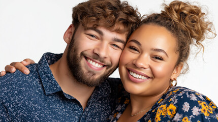 A happy young interracial couple hugging and smiling, isolated on a transparent background, diversity, inclusivity, interracial couples, plus-size models, romantic inclusivity, wit