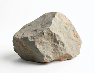 Obraz premium Stone rock isolated on white backdrop. Rough textured material is perfect for design projects. Mineral sample shows natural formations. Concept of geology and earth science.