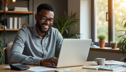 Smiling african man uses laptop at desk. He works in home office with calculator and cup of coffee. Successful black freelancer, entrepreneur. Happy person doing online work