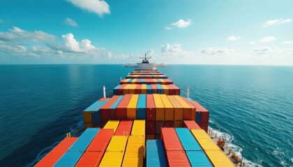 Massive cargo ship loaded with colorful containers sails on open sea under blue sky with clouds. Global trade and international transport across ocean.