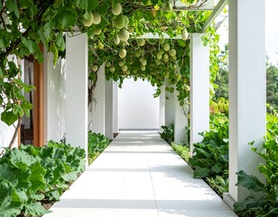 White walkway with archway of green vines and hanging fruit
