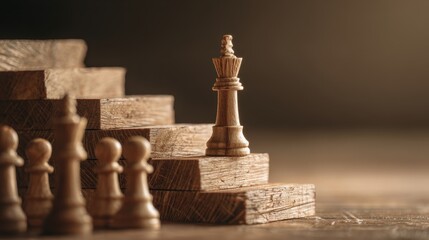 Wooden Chess King on Rustic Steps, Symbolizing Leadership, Ambition, and Strategic Ascent.