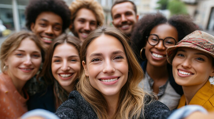 Fototapeta premium A diverse group of Generation Z friends, including plus-size individuals, taking a selfie in a circle outdoors, diversity, inclusivity, interracial couples, plus-size models, group