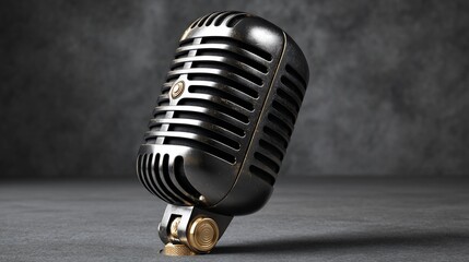 Vintage microphone rests on a grey surface, sleek and metallic in appearance