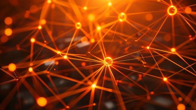 Abstract visualization of network connections featuring orange spheres and luminous lines
