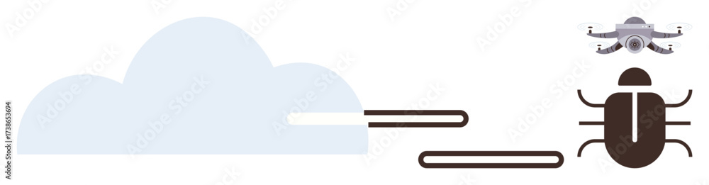 Wall mural large cloud with a beetle and radar-thumbs up lines representing software bugs, troubleshooting, and