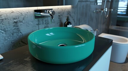 Fototapeta premium Stylish teal vessel sink set against a dark countertop in a contemporary bathroom design