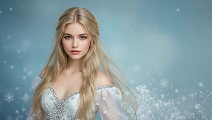 A beautiful young girl dressed as the Snow Maiden on a blue background. Christmas card.