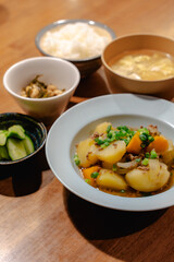Japanese dinner with Nikujaga, miso soup and rice
