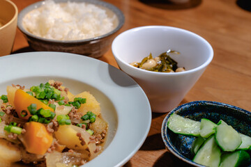 Japanese dinner with Nikujaga, miso soup and rice
