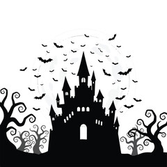 Obraz premium Silhouette of a castle beneath bats flying across the face of a full moon